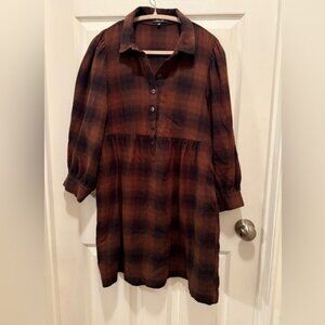 Madewell Brown & black Plaid 3/4 Sleeve tunic /Dress Medium pockets 100% cotton